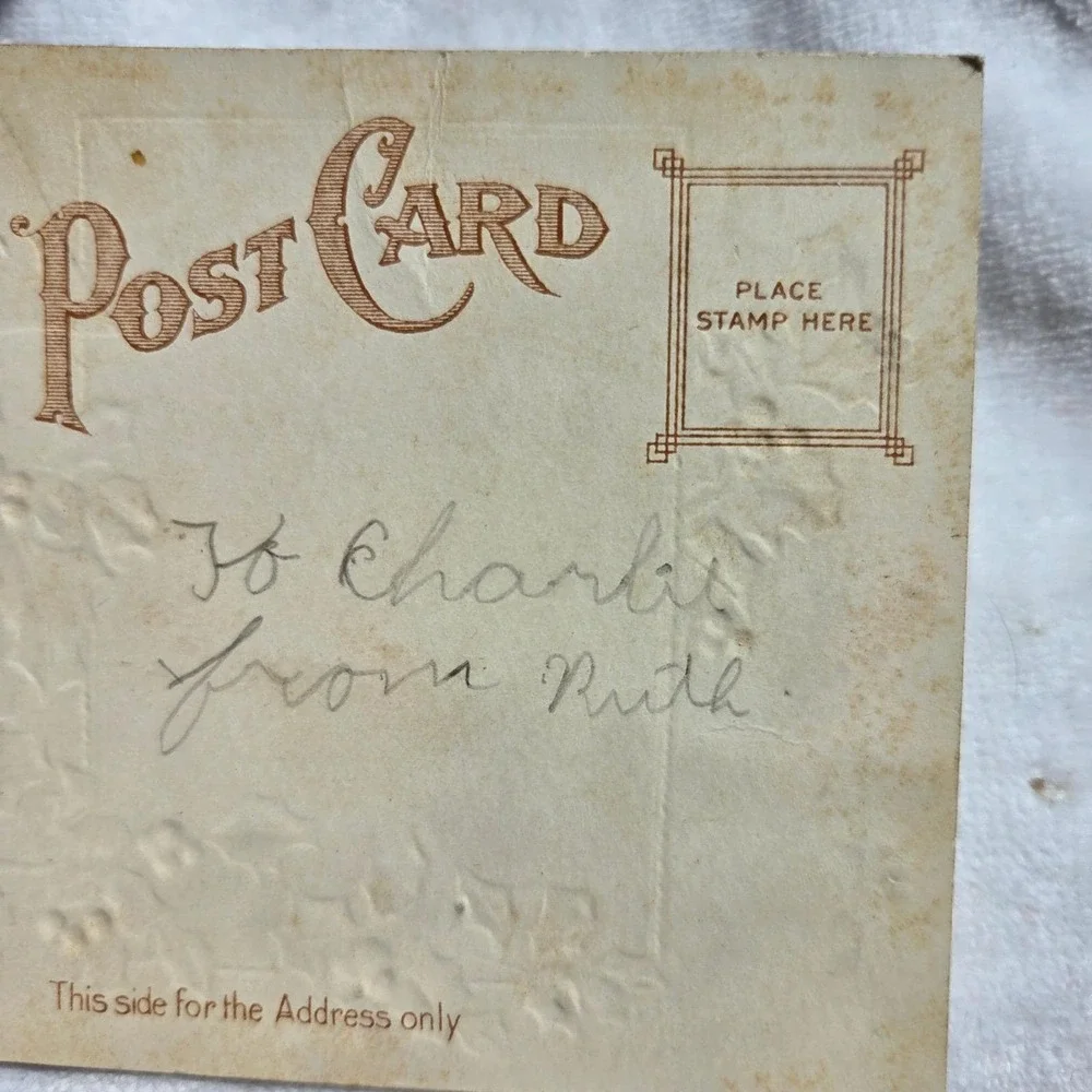 Vintage Antique Merry Christmas Postcard Madonna Child Robin Gold Embossed‎